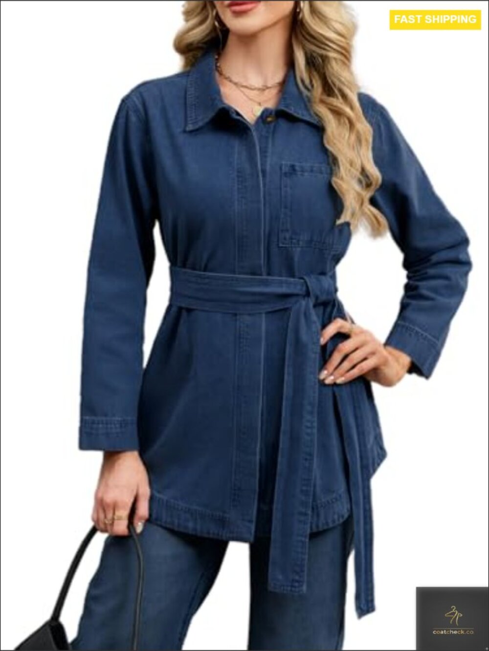 Vintage Washed Denim Jacket Oversized Long Sleeve Button Down Shacket with Tie - Picture 2 of 7